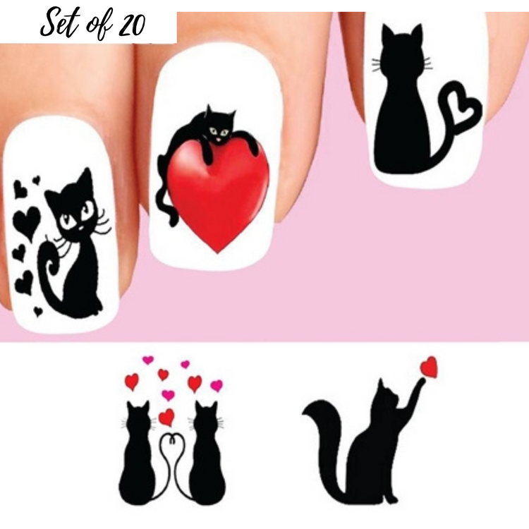 20 Assorted Black Kitty Cat Waterslide Nail Decals with Heart Designs – Perfect for Cat Lovers