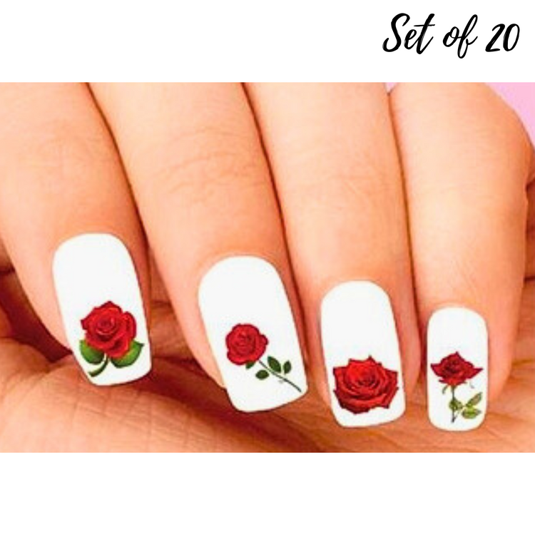 Water-Slide Nail Art Stickers – Set of 20 Stunning Red Rose Designs for Beautiful Nails