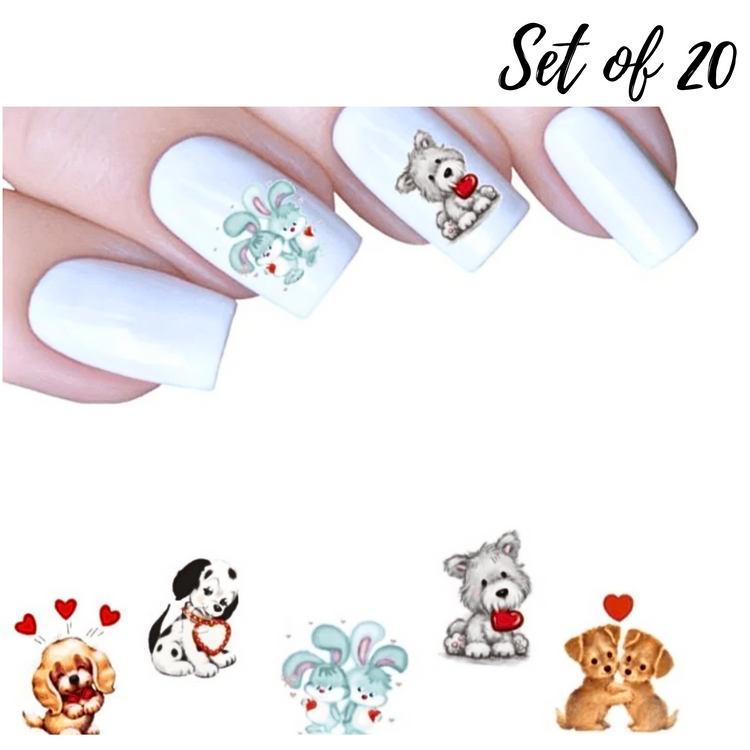 Adorable Dogs and Bunnies Valentine's Nail Art Water Slide Decals for Perfect Love-Themed Manicures