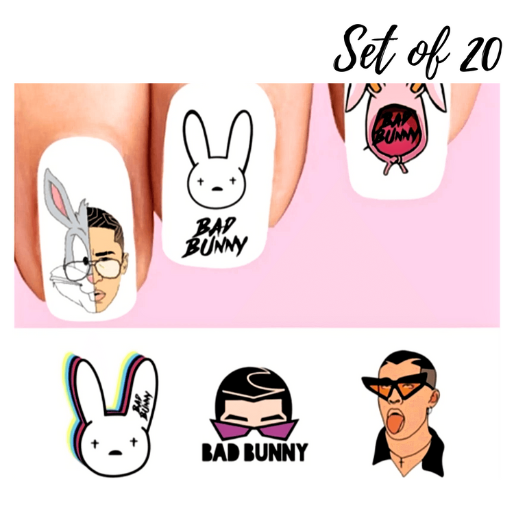 Bad Bunny Assorted Set of 20 Waterslide Nail Decals Stickers – Stylish Nail Art for Fans
