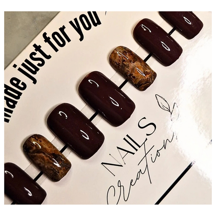 Custom Gel Press On Nails: Chocolate Brown Marble Full Kit - Medium Square