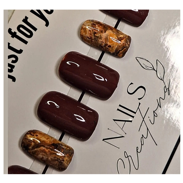 Custom Gel Press On Nails: Chocolate Brown Marble Full Kit - Medium Square