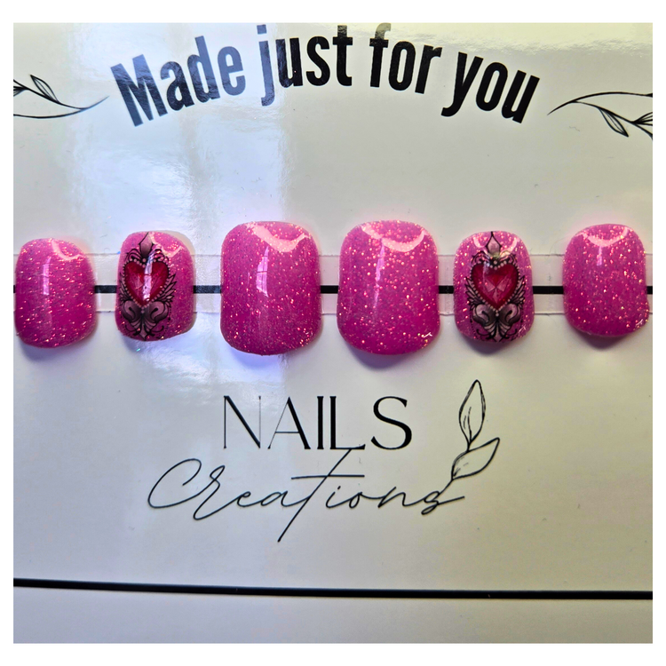 Medium Square Pink Heart Glitter Press On Nails - Full Custom Gel Kit