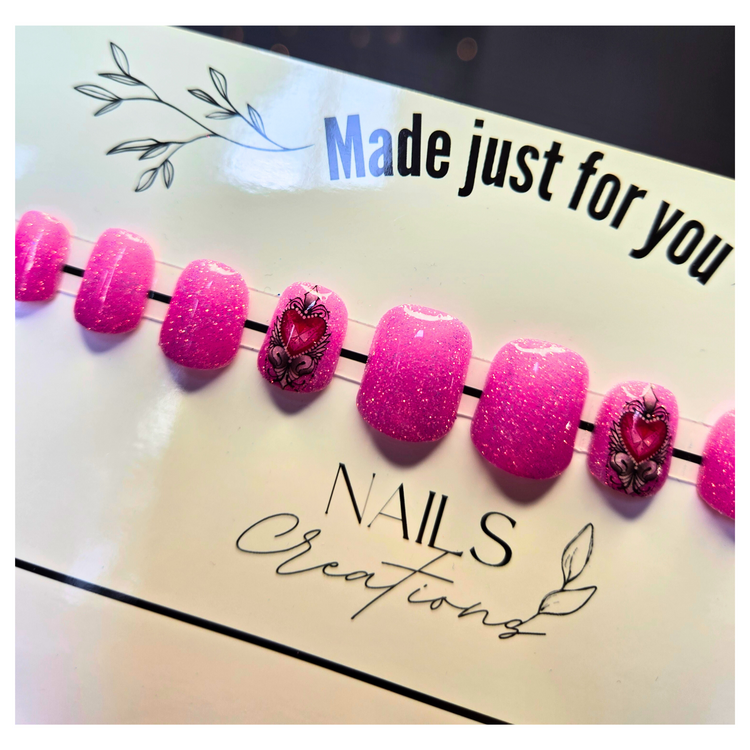Medium Square Pink Heart Glitter Press On Nails - Full Custom Gel Kit