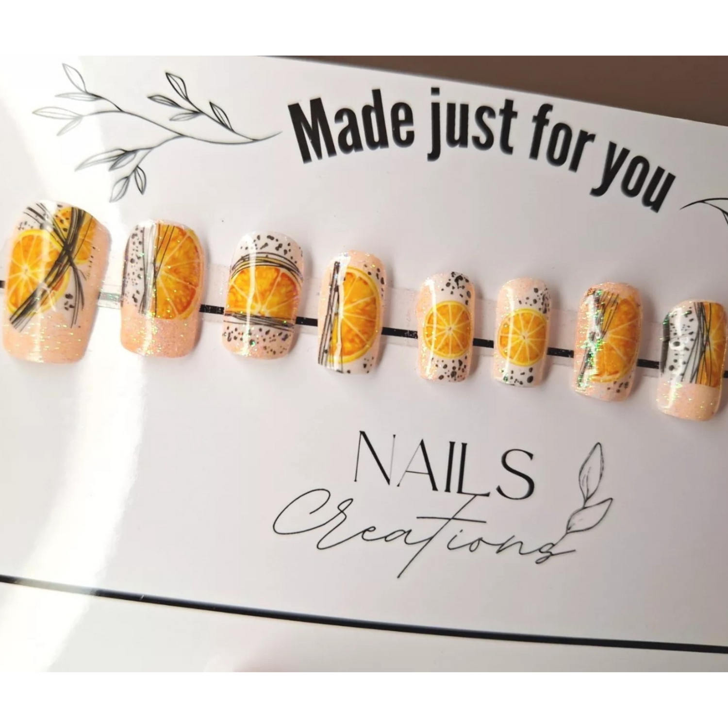 Medium Square Orange Glitter Press On Nails - Custom Full Set