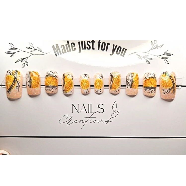 Medium Square Orange Glitter Press On Nails - Custom Full Set