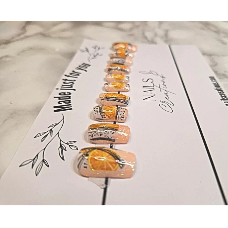 Medium Square Orange Glitter Press On Nails - Custom Full Set