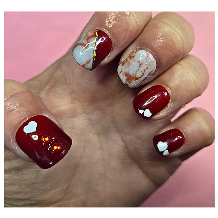 Red Marble Heart Gel Press On Nails - Custom 10 Piece Set, Medium Square, Full Kit Included
