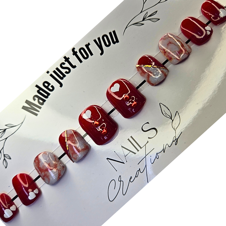 Red Marble Heart Gel Press On Nails - Custom 10 Piece Set, Medium Square, Full Kit Included