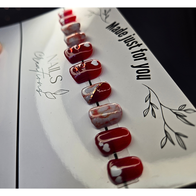 Red Marble Heart Gel Press On Nails - Custom 10 Piece Set, Medium Square, Full Kit Included