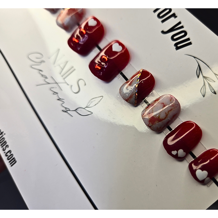 Red Marble Heart Gel Press On Nails - Custom 10 Piece Set, Medium Square, Full Kit Included