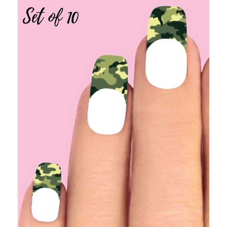 Camo Nail Stickers - Green Waterslide Tips Set of 10 for Nail Art Designs