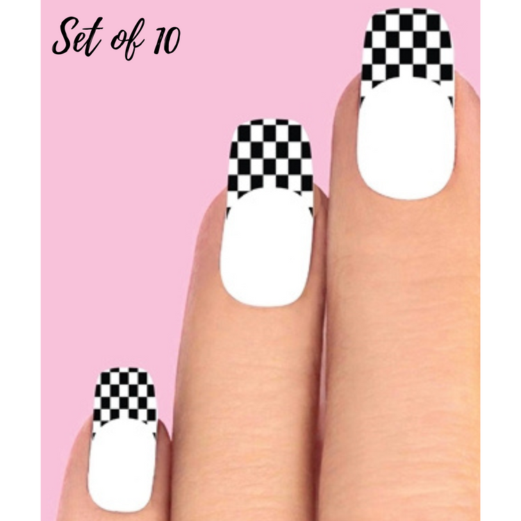 Checkered Flag Black & Clear Waterslide Nail Decals - Set of 10 Racing Stickers for Stylish Nail Art