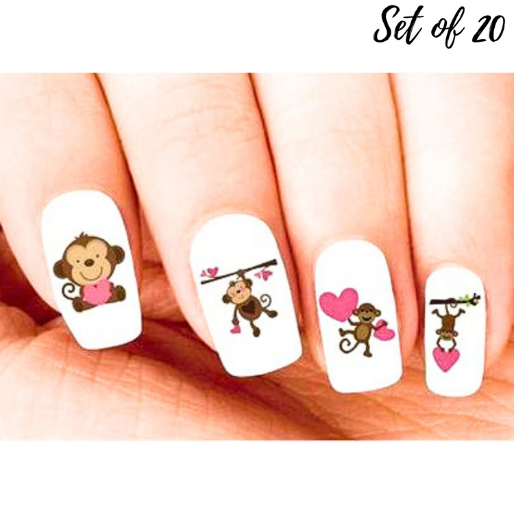 Cute Monkey with Pink Hearts Assorted Waterslide Nail Decals