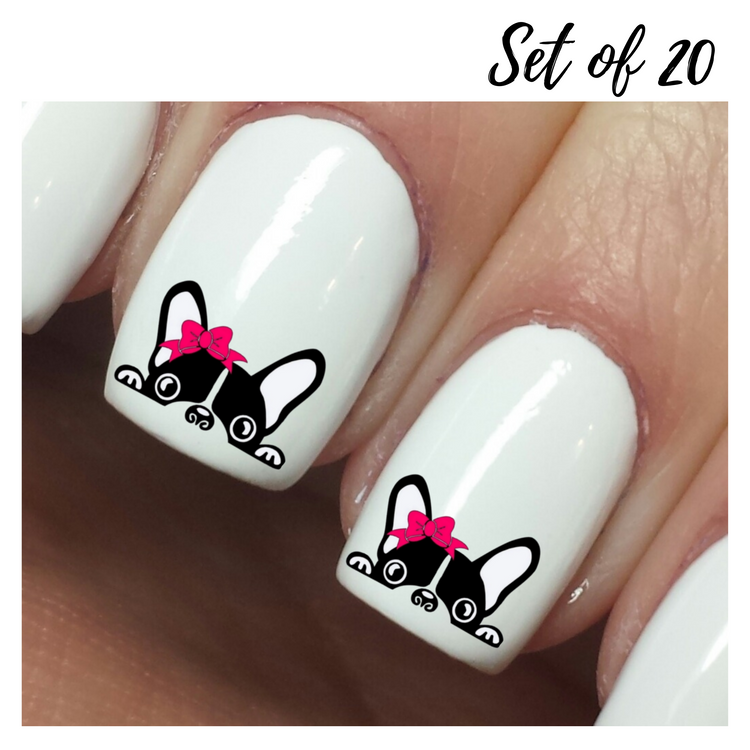 Cute Puppy Nail Art Stickers with Pink Bow, Waterslide Decals, Set of 20