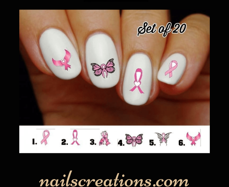 Breast Cancer Awareness Nail Decals | Pink Ribbon Heart Hope Butterfly Water Slide Stickers
