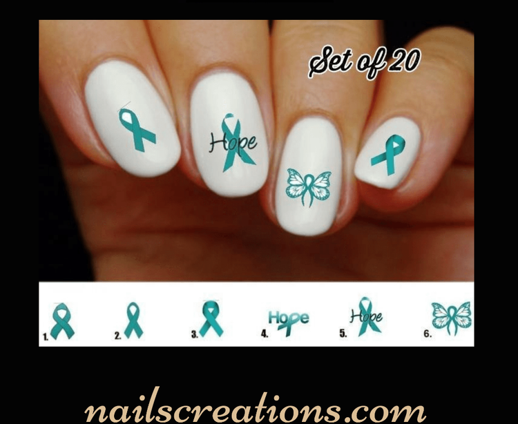 Ovarian Cancer Awareness Teal Ribbon Butterfly Nail Decals | Water Slide Nail Art Stickers