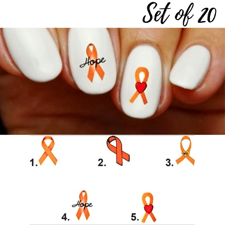 MS Multiple Sclerosis Orange Awareness Ribbon Nail Art | Waterslide Decals for Creative Nail Designs