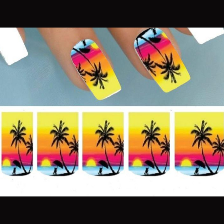Nail Stickers Hawaiian Beach Sunset with Palm Trees Full Set Nail Art Waterslide Decals