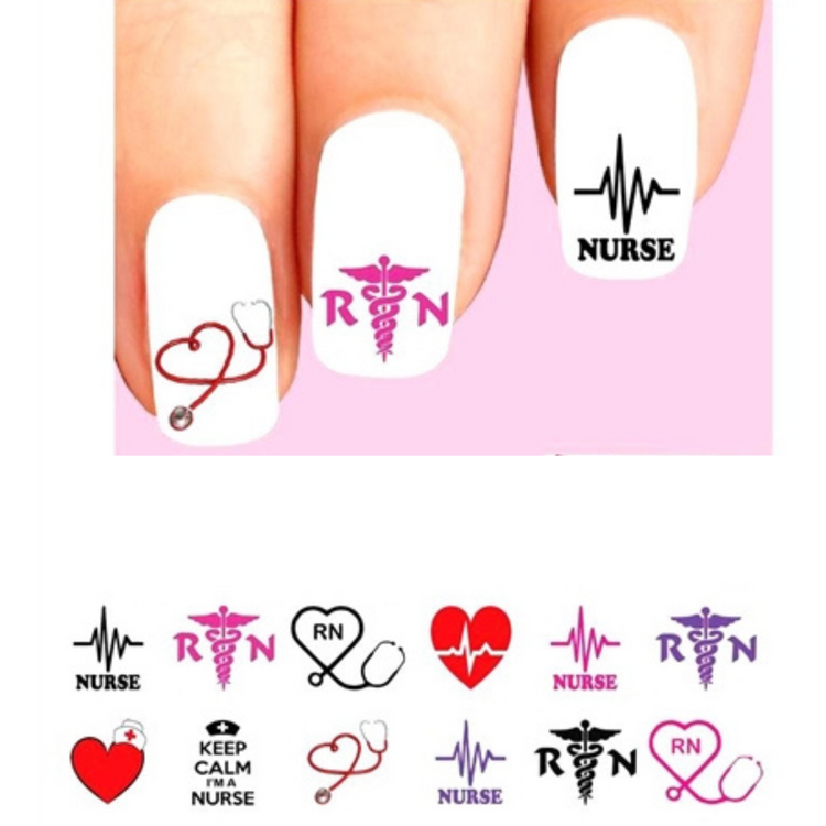 Nurse RN Caduceus Heart Stethoscope Assorted Set of 48 Waterslide Nail Decals