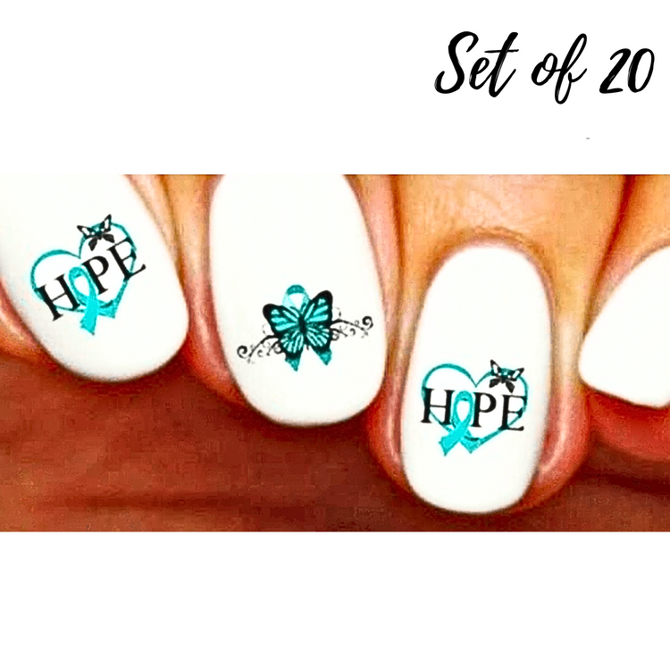 Ovarian Cancer Awareness Teal Ribbon & Butterfly Nail Decals – Water Slide Nail Art Stickers