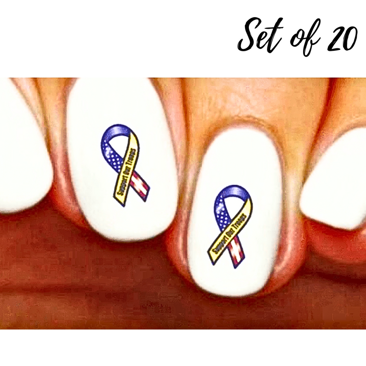 Patriotism Yellow Ribbon with American Flag Nail Decals, Stickers, Water Slides, and Nail Art for Military Support
