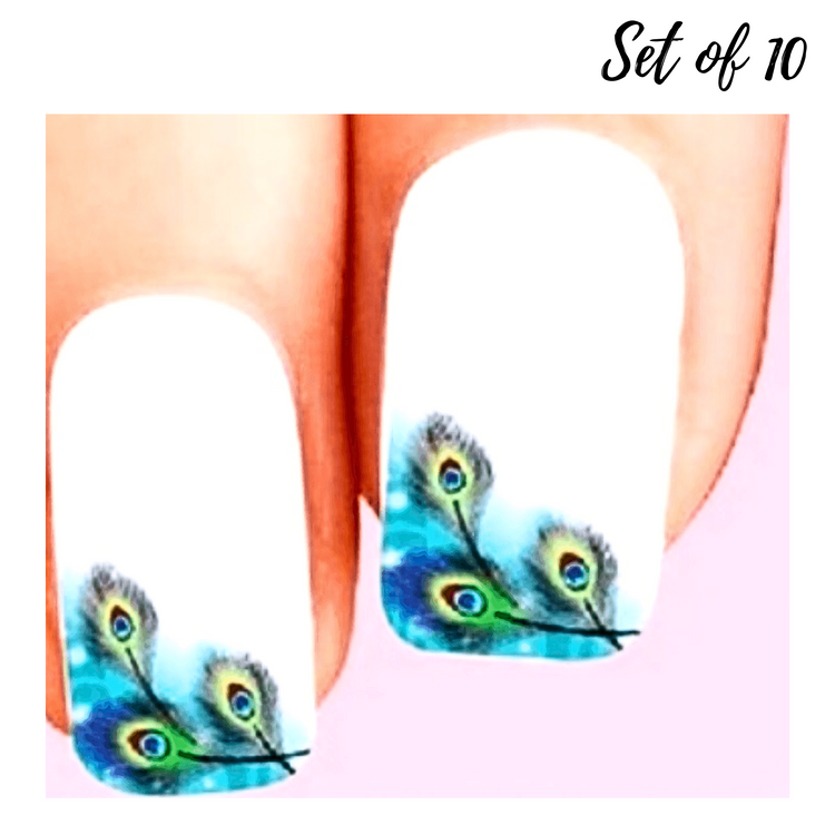 Peacock Feathers Nail Decals - Set of 10 Waterslide Stickers for Stunning Nail Art Tips