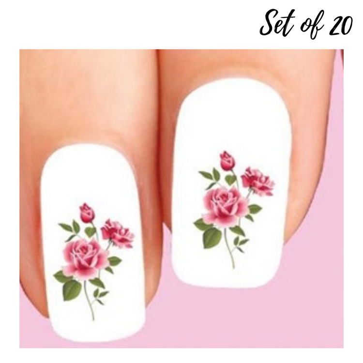 Pink Roses Set of 20 Water Slide Nail Decals – Perfect for DIY Nail Art