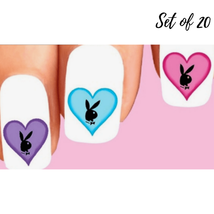 Colorful Playboy Bunny with Hearts Assorted Set of 20 Waterslide Nail Decals