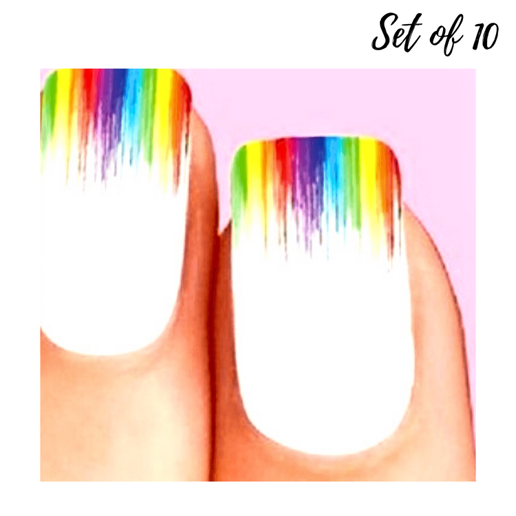 Rainbow Paint Drip Nail Decals Set of 10 Waterslide Tips for Creative Nail Art