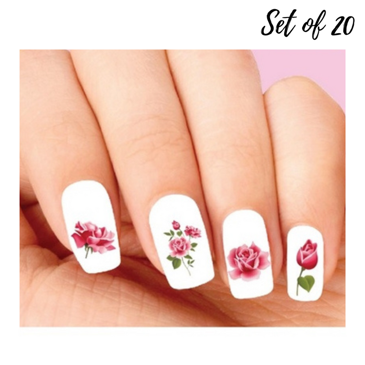 Set of 20 Pink Rose Waterslide Nail Decals – Perfect for DIY Nail Art