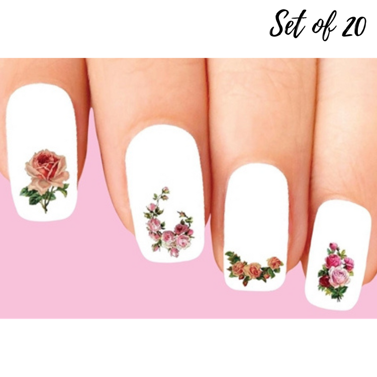 Set of 20 Victorian Pink Roses Water Slide Nail Decals - Beautiful Nail Art Stickers