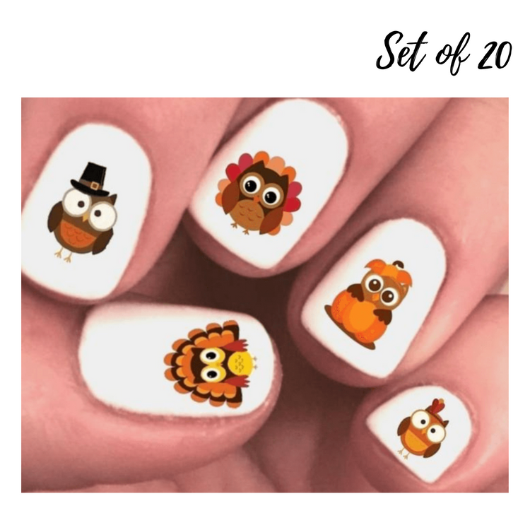 Thanksgiving Fall Owls Assorted Set of 20 Waterslide Nail Decals - Perfect Seasonal Nail Art Stickers