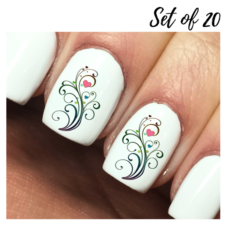 Vibrant Colorful Heart Nail Art Waterslide Decals with Elegant Scrolls and Swirls