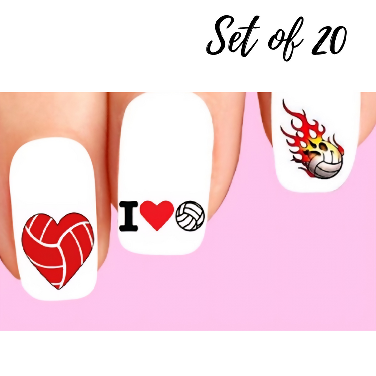 Volleyball with Flames Heart - Assorted 20 Waterslide Nail Decals for Nail Art & Manicure