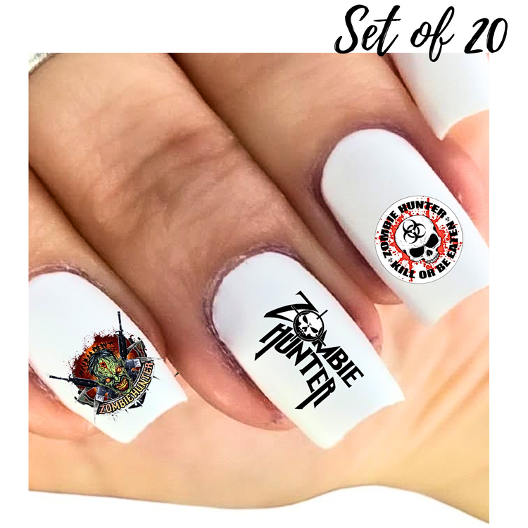 Zombie Hunter Nail Decal Waterslide Stickers - Set of 20 for Spooky Nail Art
