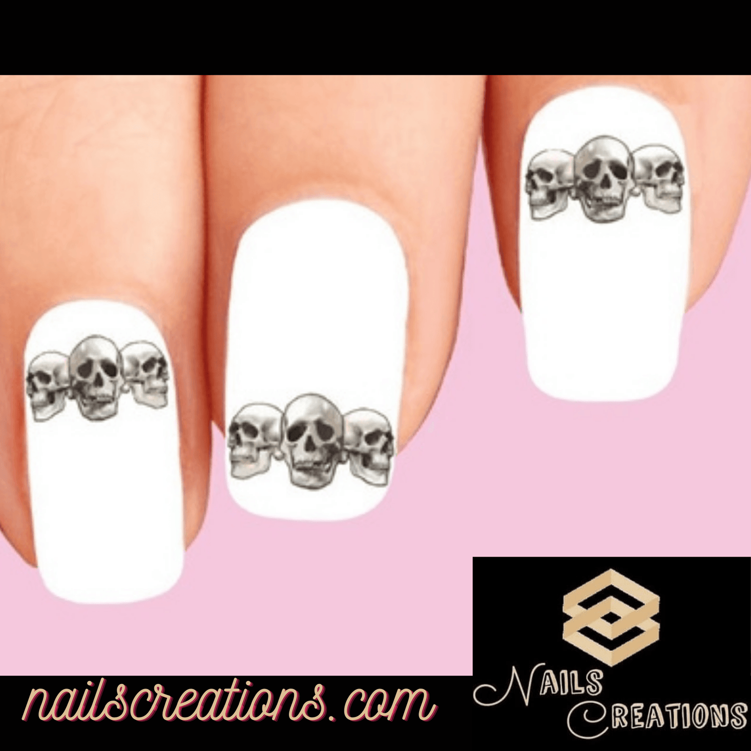 3 Skulls Set of 20 Waterslide Nail Decals - Nails Creations