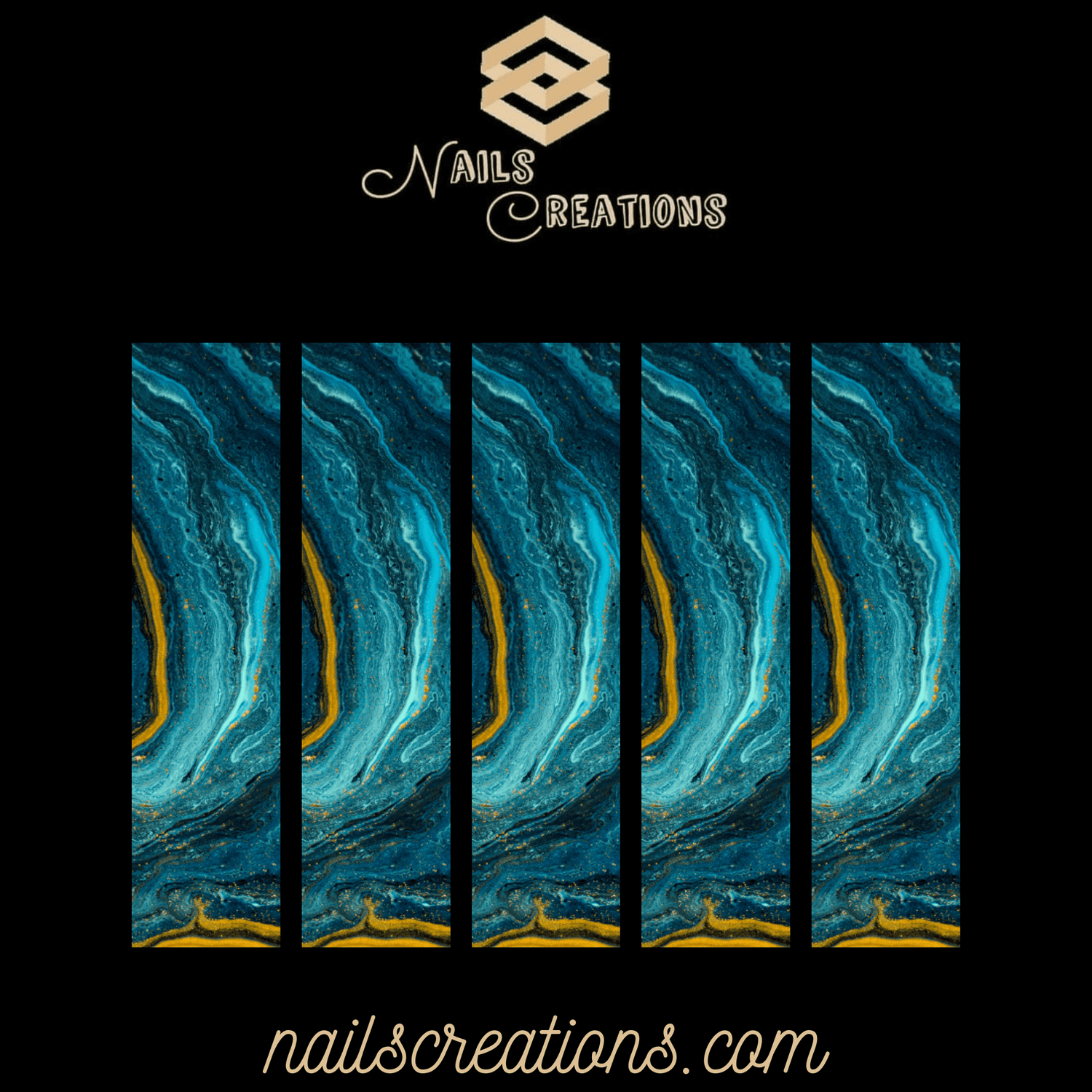 Aqua Gold Marble X-Long Full Waterslide Nail Decals - Abstract Design - Nails Creations