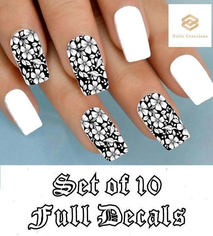 Black and Clear Flowers Full Nail Decals Stickers Water Slides Nail Art - Nails Creations