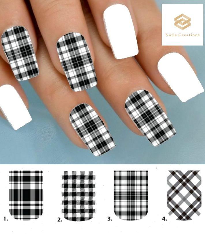 Black plaid Full Nail Decals Stickers Water Slides Nail Art - Nails Creations
