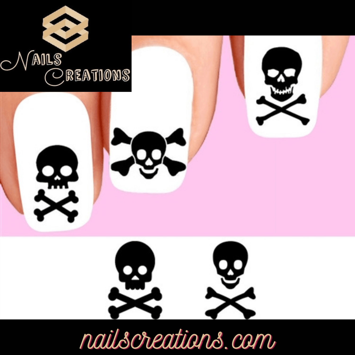 Black Skull Cross Bones Assorted Set of 20 Waterslide Nail Decals