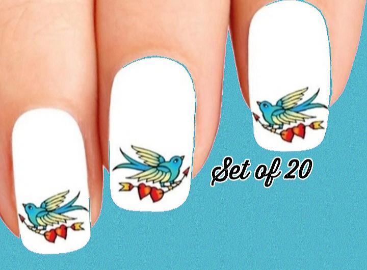 Blue Bird with Hearts and Arrow Nail Decals Stickers Water Slides Nail Art - Nails Creations