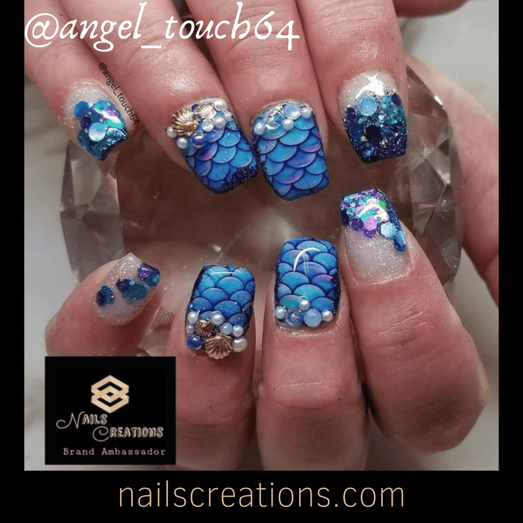 Blue Mermaid Tail Fish Scales Set of 10 Full Waterslide Nail Decal - Nails Creations