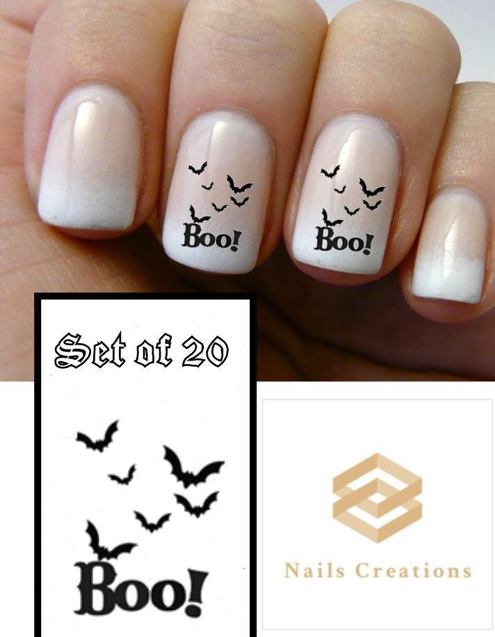 Boo with Black Bats Nail Decals Stickers Water Slides Nail Art - Nails Creations