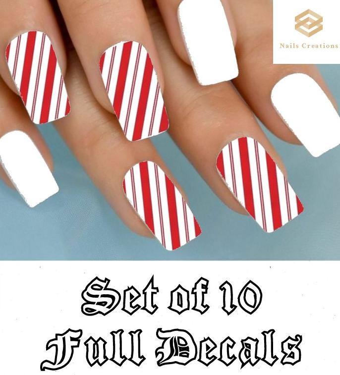 Christmas Holiday Red & Clear Candy Cane Stripes Full Nail Decals - Nails Creations