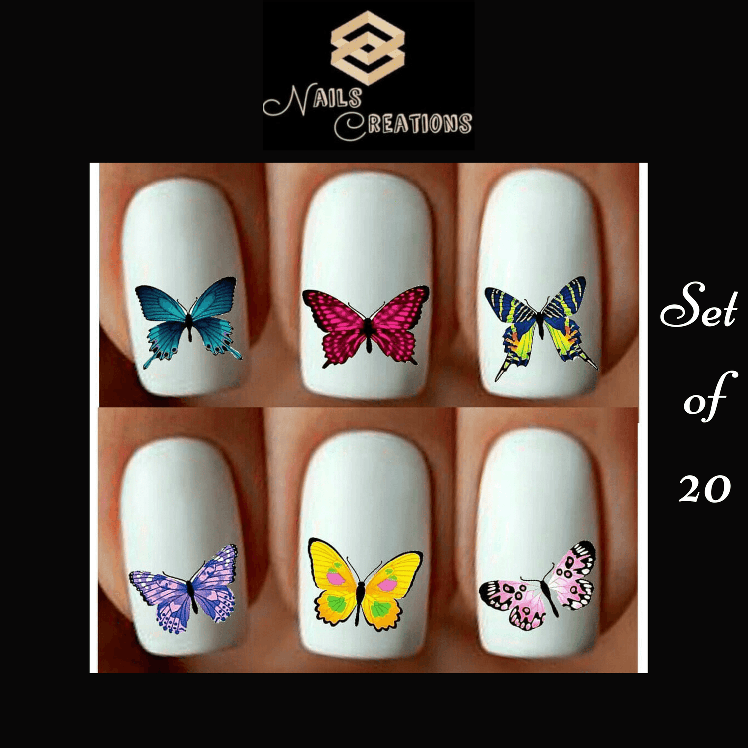 Colorful Butterfly Waterslide Nail Decals Set of 20 - Nails Creations