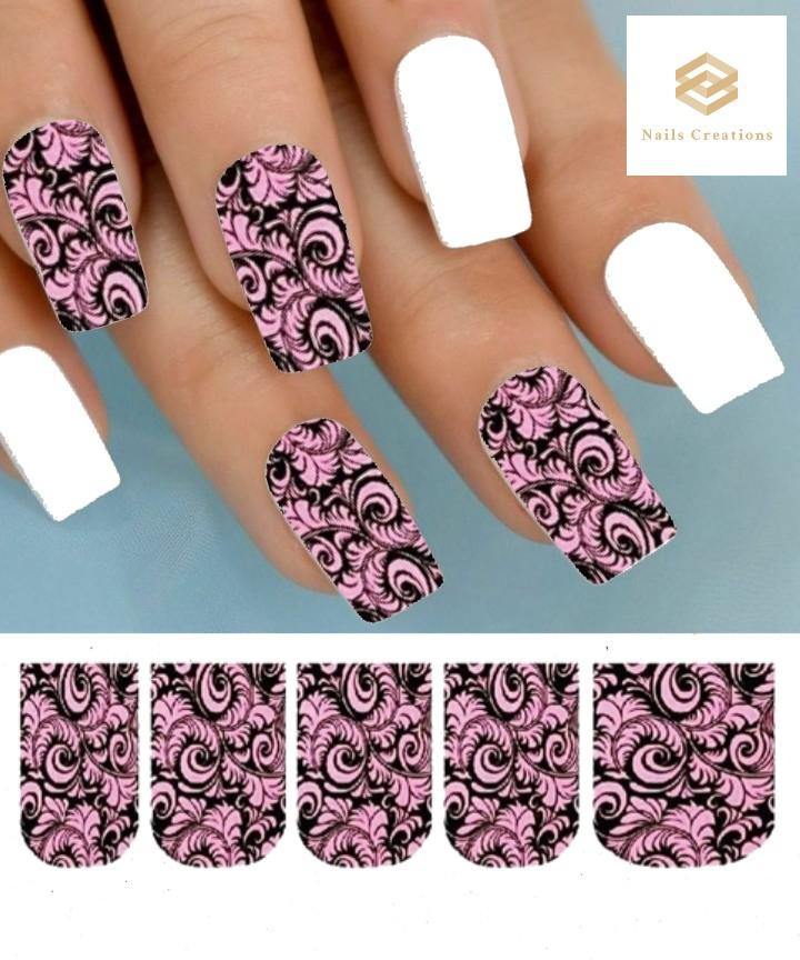 Lace Pink & Black Scrolls Swirls Set of 10 Waterslide Full Nail Decals