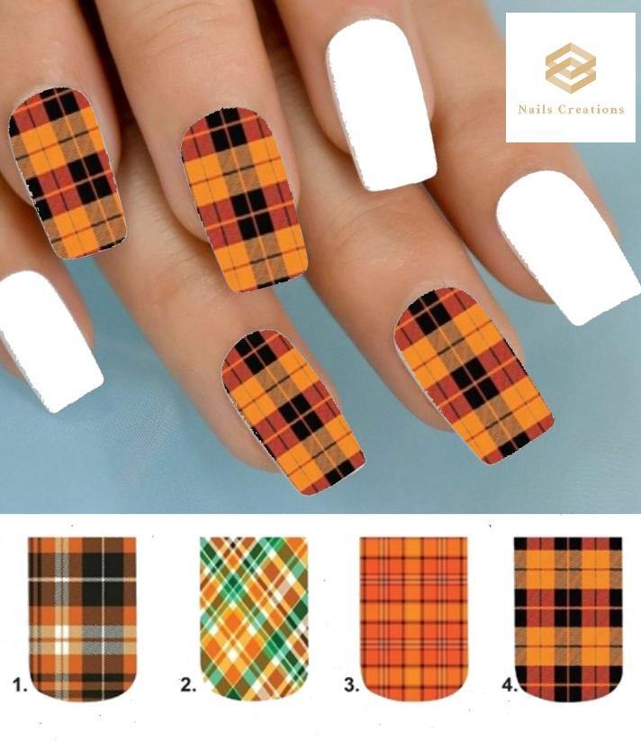Orange Plaid Full Nail Decals Stickers Water Slides Nail Art - Nails Creations
