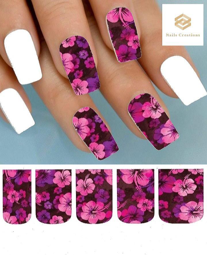 Pink Purple Hibiscus Flowers Set of 10 Waterslide Full Nail Decals