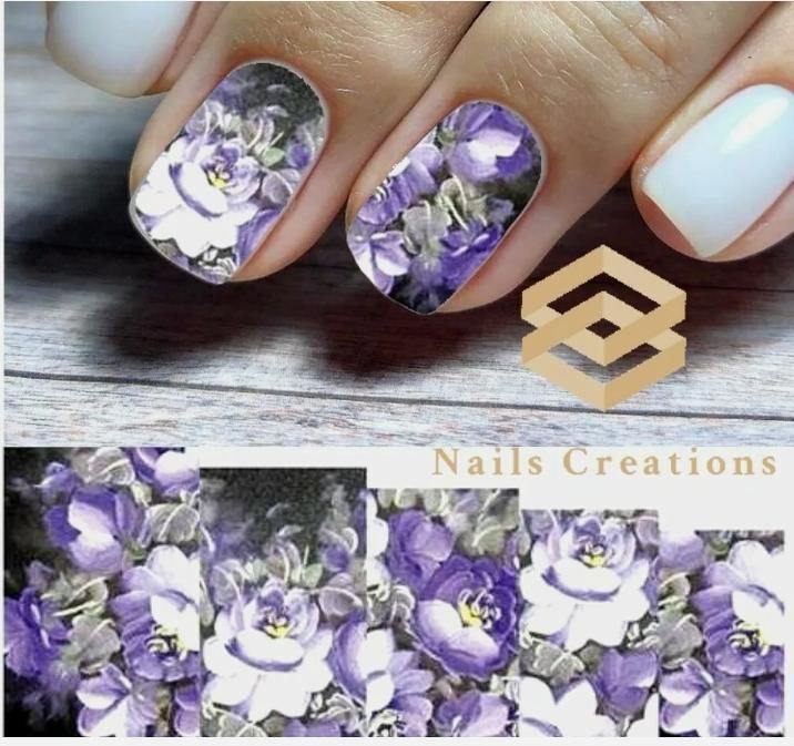 Purple Flowers Nail Art Water Transfer Decals Stickers Full Nails Water Slides - Nails Creations